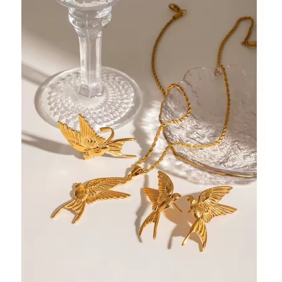 Swallow Peace Bird 18k Gold Stainless Steel Ring, Earrings, Necklace Set - Picture 3 of 17